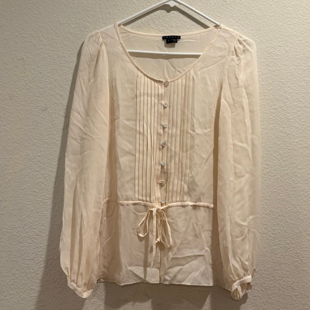 Theory Ivory Farson 100% Silk Pleated Long Sleeve Button Front Blouse Size 00-0